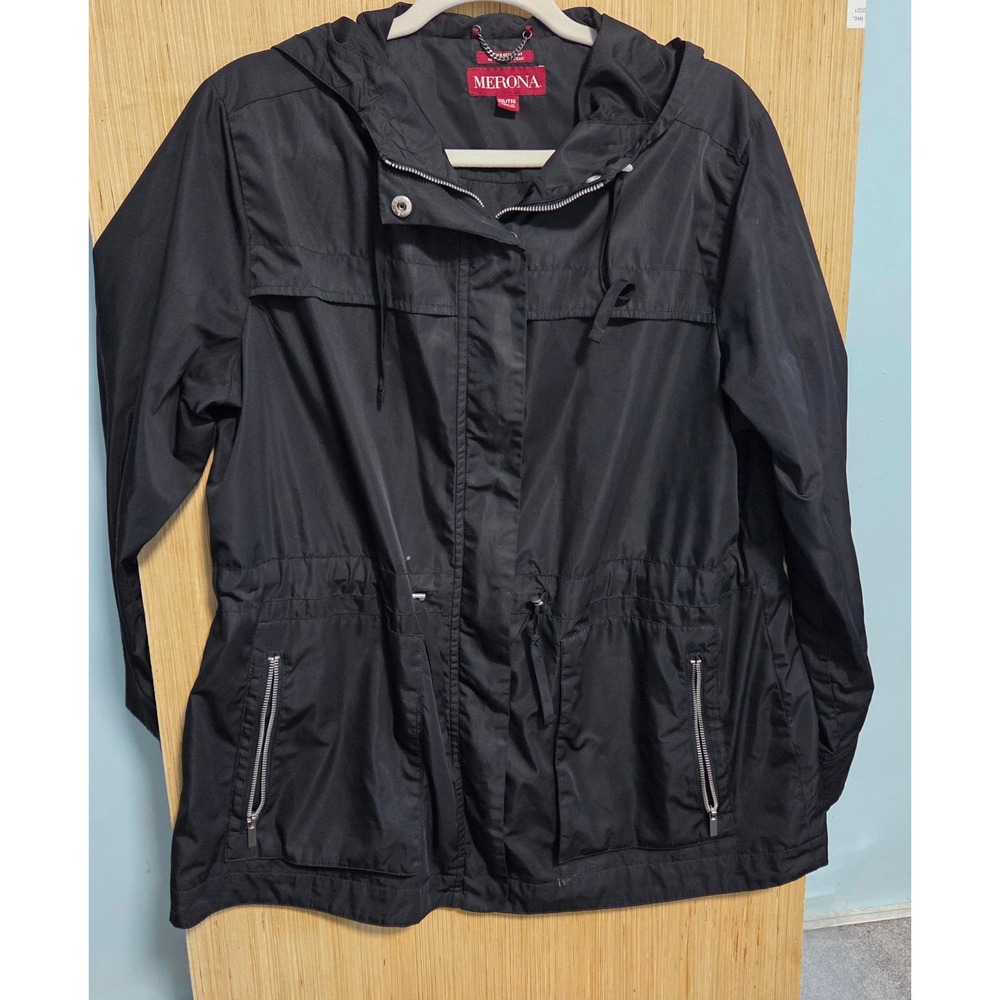 Merona Womens‎ XXL Black Water Resistant Hooded Anorak Jacket Utility Parka Coat